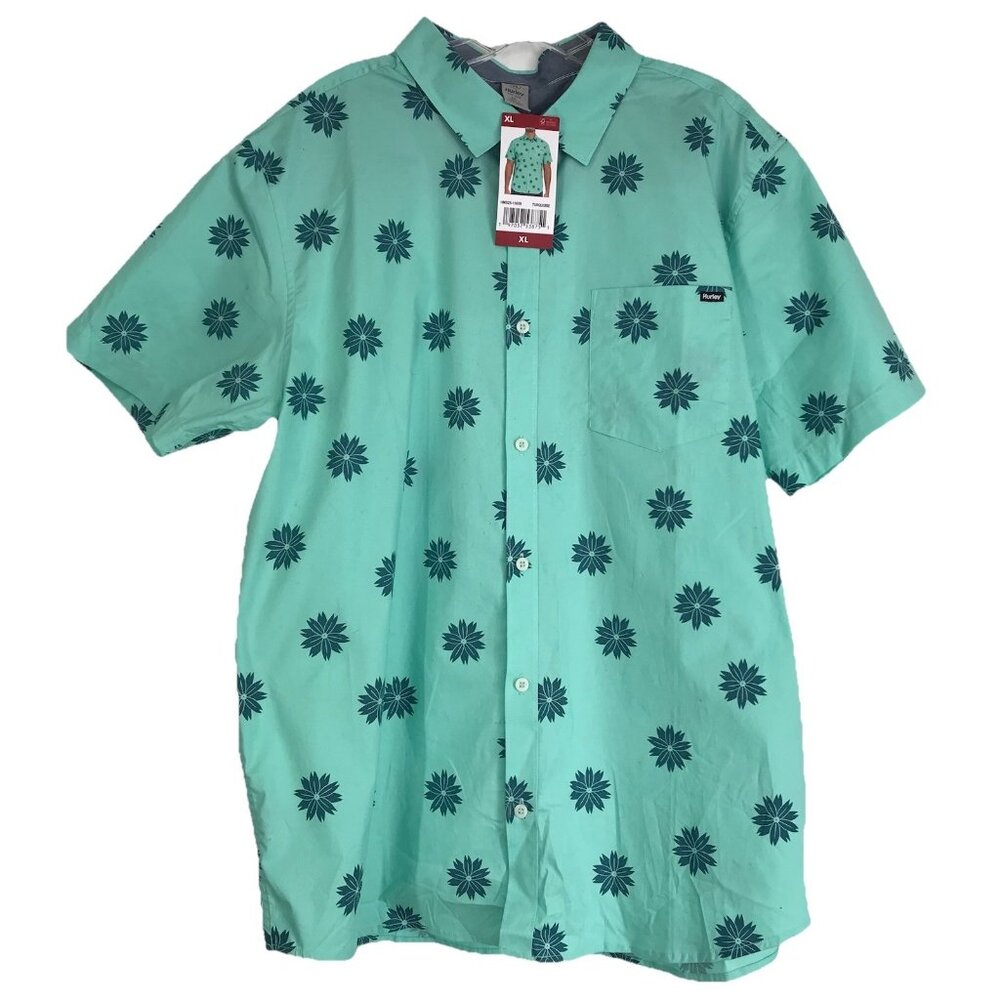 Hurley‎ Shirt Mens Size XL Button Down Patio Shirt Turquoise Hawaiian Tropical